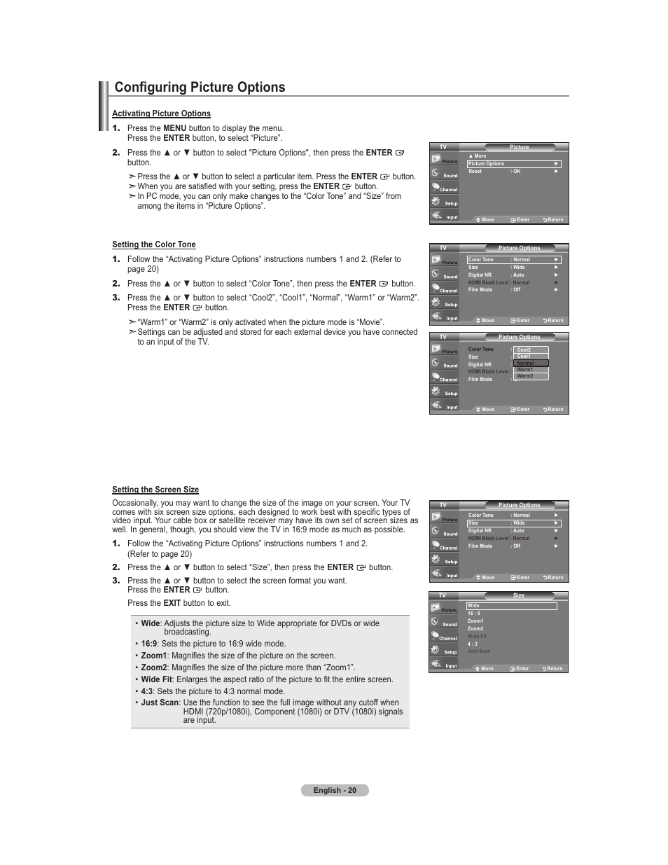 Configuring picture options, Color tone, Screen size | Con¿guring picture options | Samsung 451 User Manual | Page 22 / 81