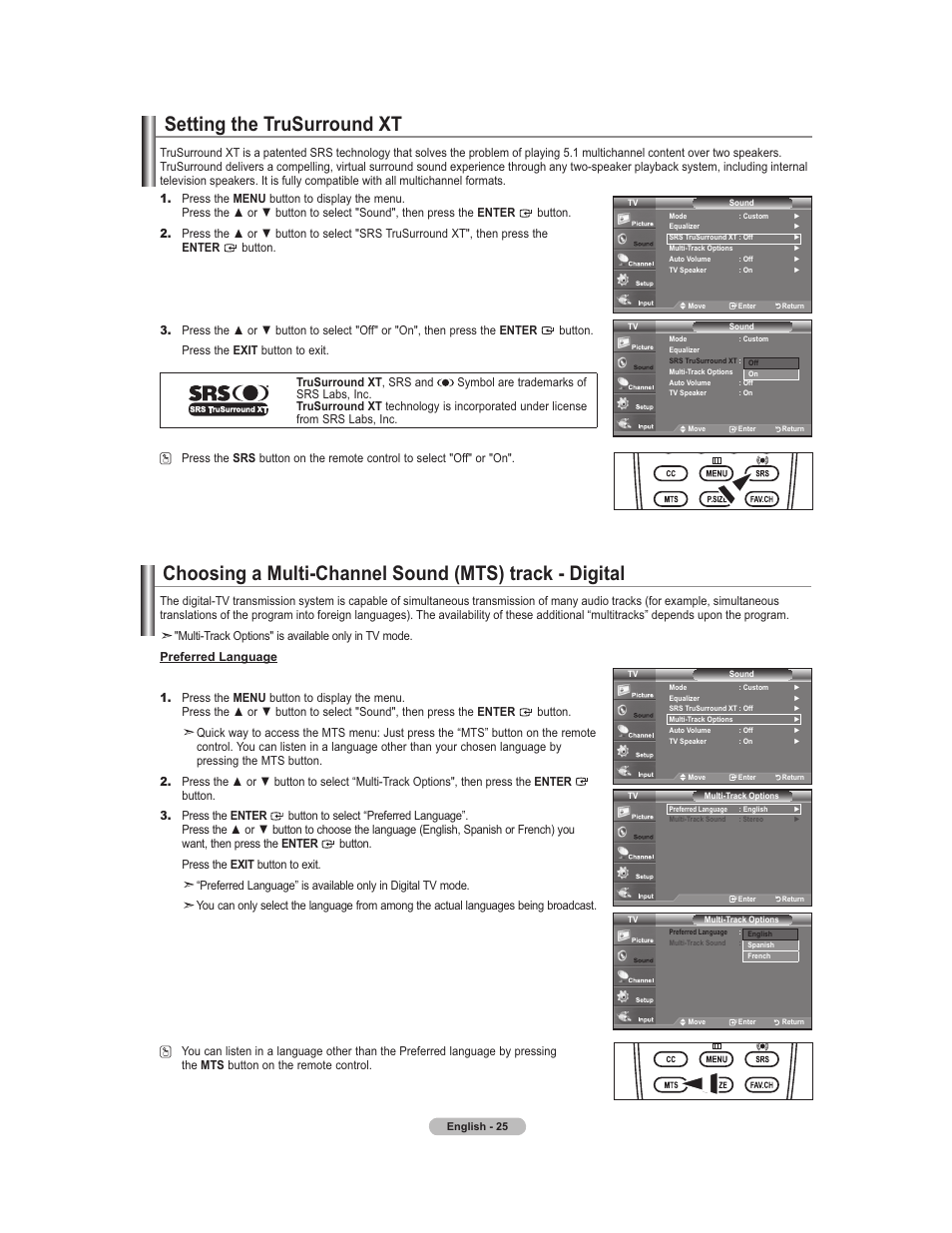 Setting the trusurround xt, Choosing a multi-channel sound track | Samsung 451 User Manual | Page 27 / 81