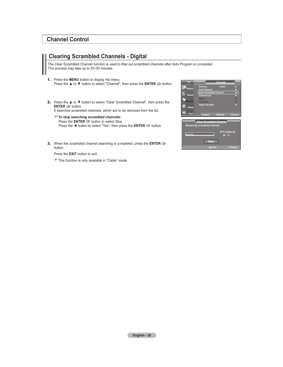 Channel control settings, Clearing scrambled channels - digital | Samsung 451 User Manual | Page 30 / 81