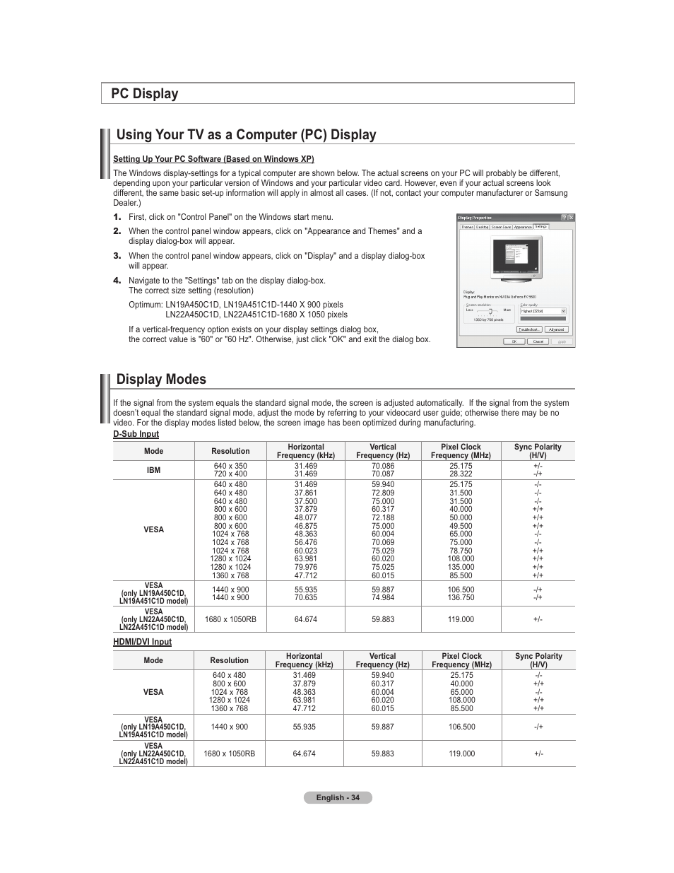 Pc display mode, Using your tv as a computer (pc) display, Pc display display modes | Samsung 451 User Manual | Page 36 / 81