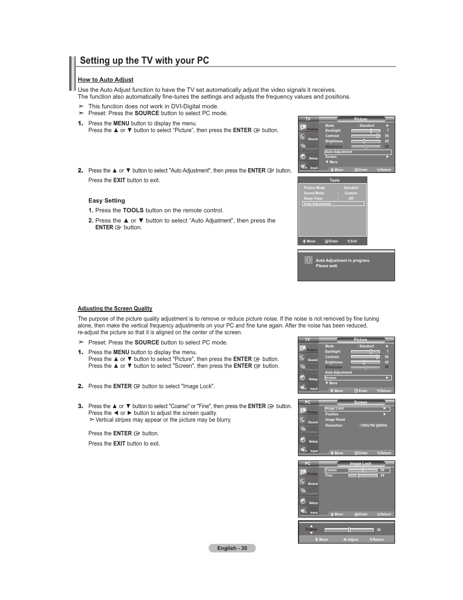 Setting up the tv with your pc, This function does not work in dvi-digital mode | Samsung 451 User Manual | Page 37 / 81