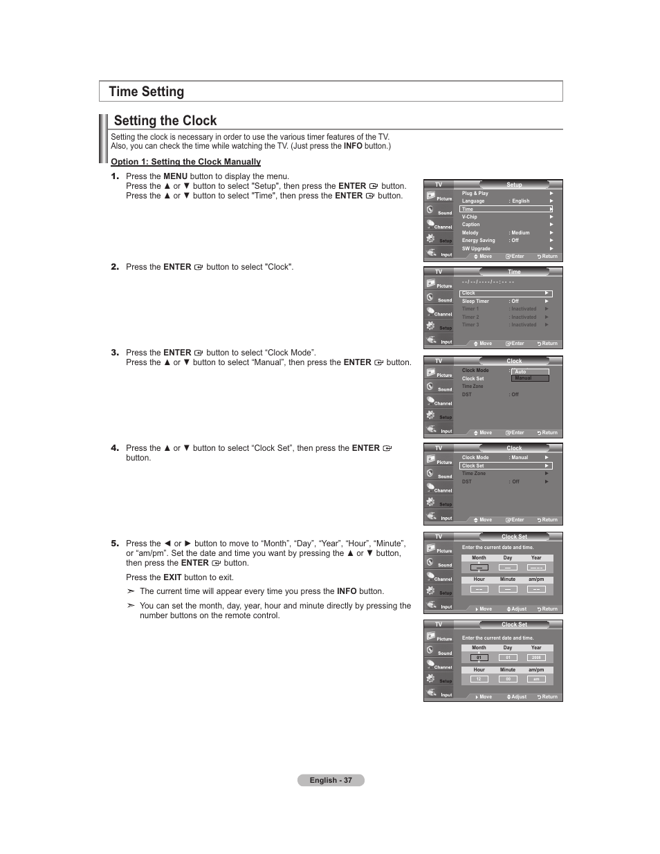 Clock set, Time settings, Setting the clock | Time setting | Samsung 451 User Manual | Page 39 / 81