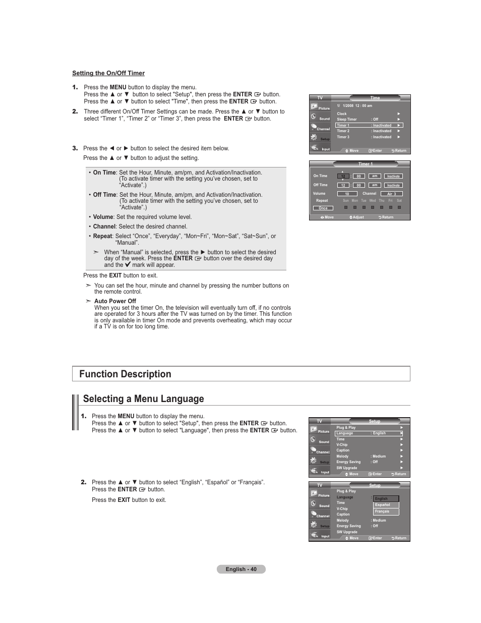 On / off timer, Function menu, Menu language | Selecting a menu language, Function description | Samsung 451 User Manual | Page 42 / 81