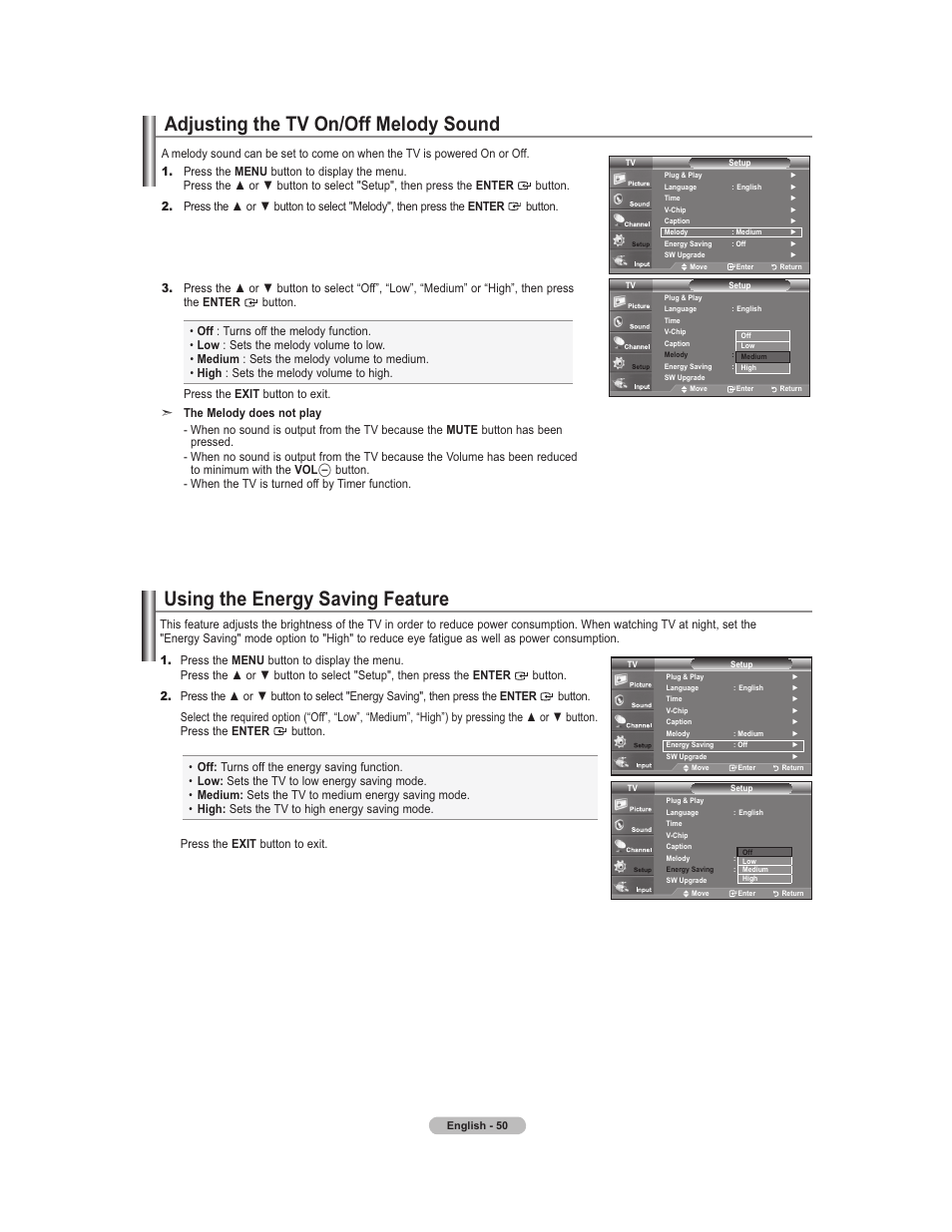 Tv on / off melody sound, Energy saving feature, Adjusting the tv on/off melody sound | Using the energy saving feature | Samsung 451 User Manual | Page 52 / 81