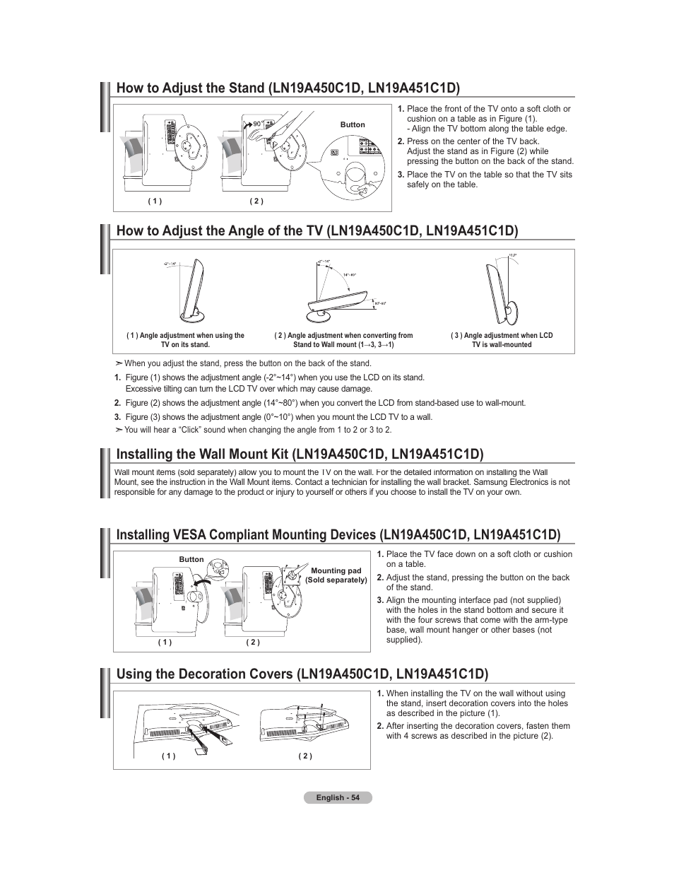 Adjusting the stand, Wall mount kit | Samsung 451 User Manual | Page 56 / 81