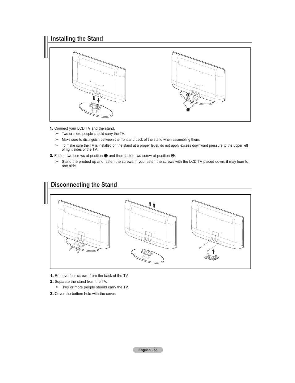 Installing / removing the stand, Installing the stand, Disconnecting the stand | Samsung 451 User Manual | Page 57 / 81