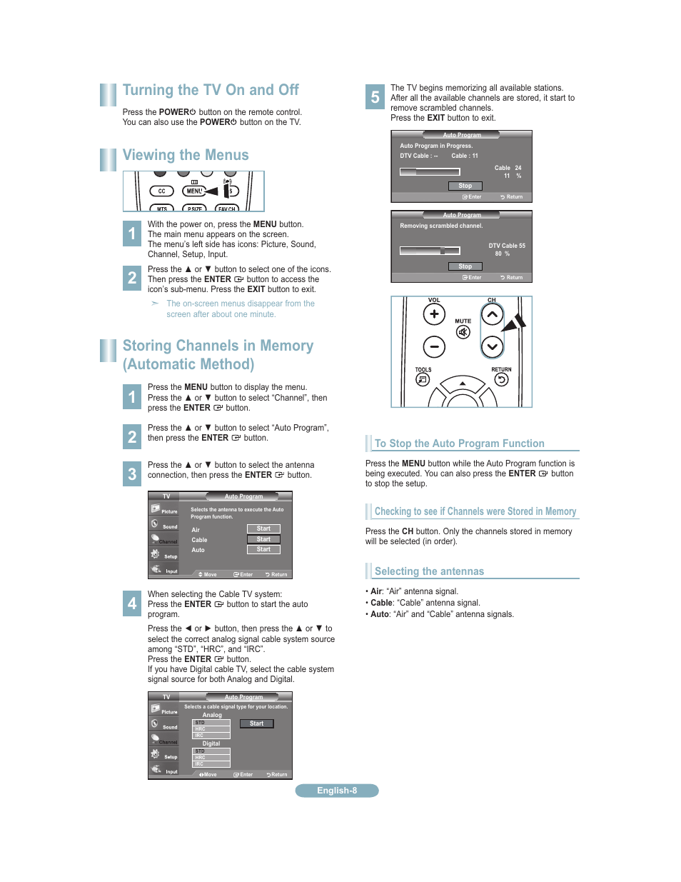 Power on / off, Viewing the menus, Memorizing channels | Turning the tv on and off, Selecting the antennas | Samsung 451 User Manual | Page 70 / 81