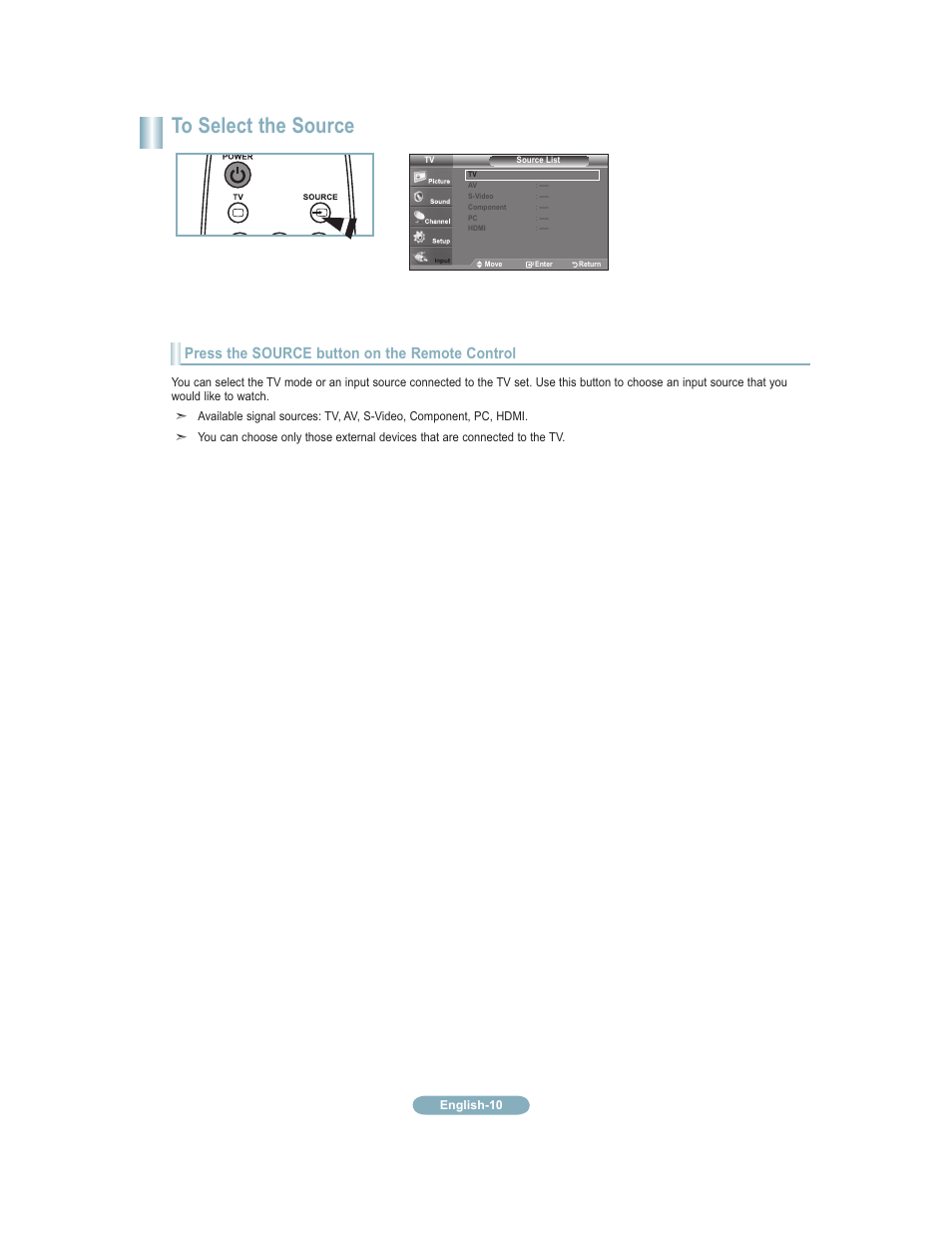 Selecting the source, Press the source button on the remote control | Samsung 451 User Manual | Page 72 / 81