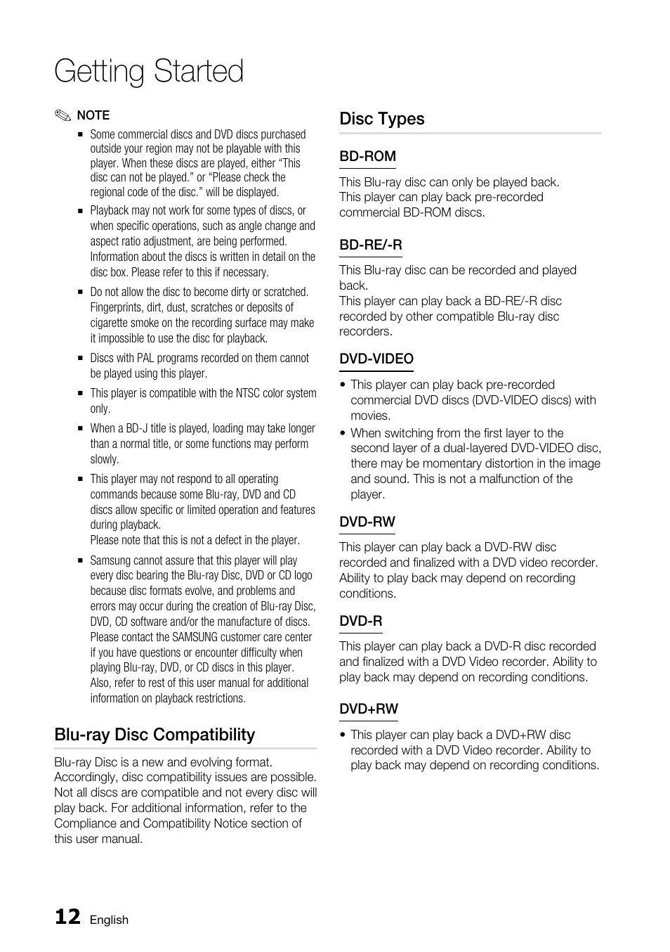 Blu-ray disc compatibility, Disc types, Getting started | Samsung AK68-01859A User Manual | Page 12 / 69