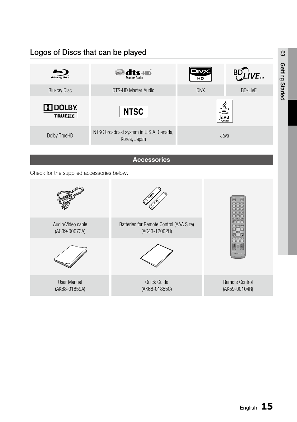 Logos of discs that can be played, Accessories, 03 getting started | Check for the supplied accessories below, English | Samsung AK68-01859A User Manual | Page 15 / 69