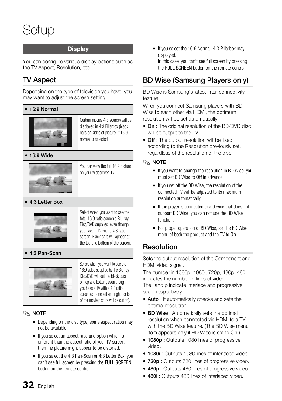 Display, Tv aspect, Bd wise (samsung players only) | Resolution, Setup | Samsung AK68-01859A User Manual | Page 32 / 69