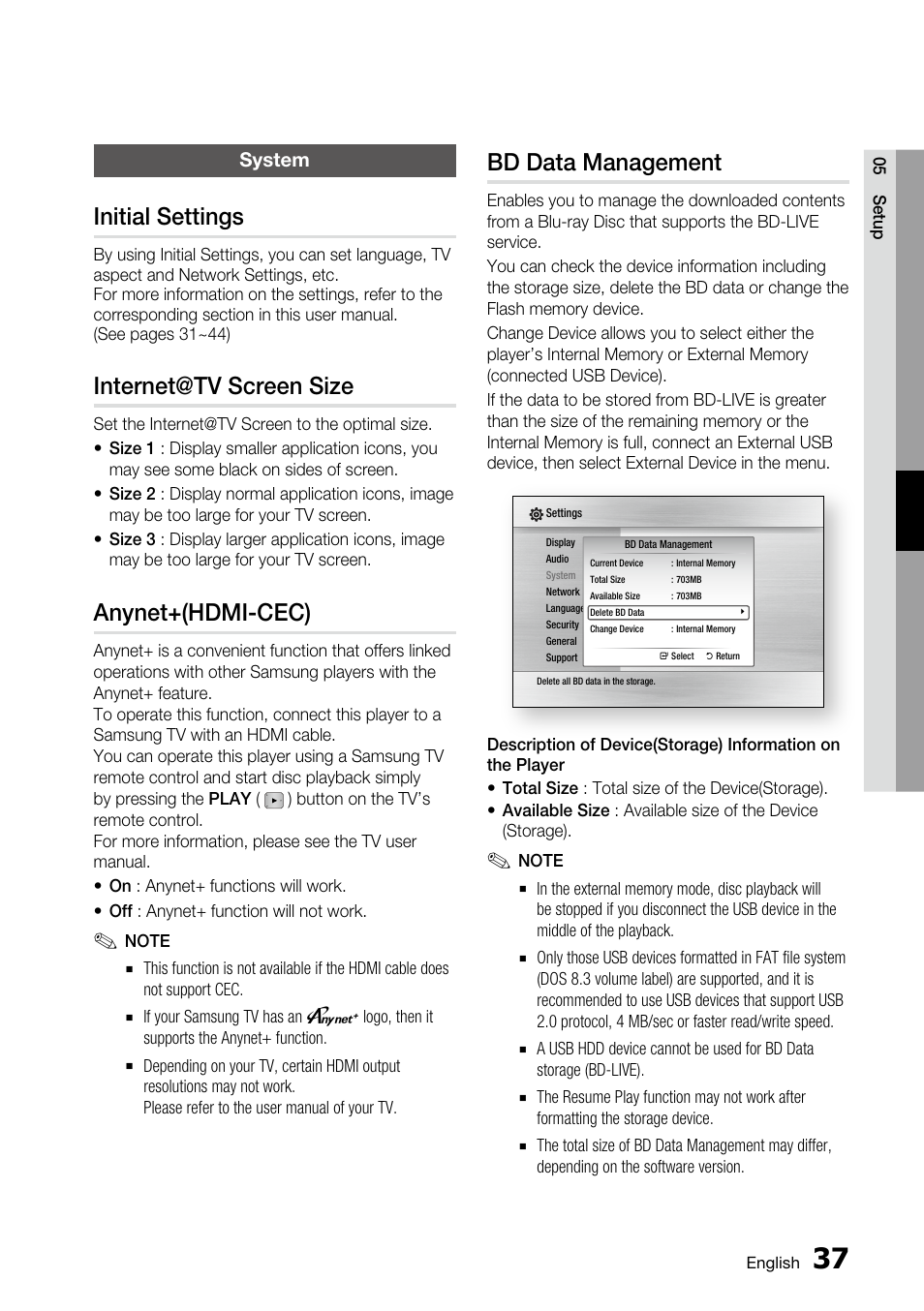 System, Initial settings, Internet@tv screen size | Anynet+(hdmi-cec), Bd data management | Samsung AK68-01859A User Manual | Page 37 / 69