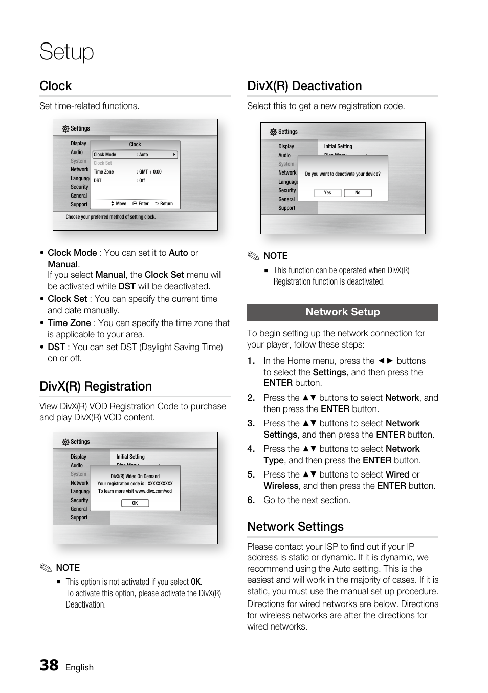 Clock, Divx(r) registration, Divx(r) deactivation | Network setup, Network settings, Setup | Samsung AK68-01859A User Manual | Page 38 / 69
