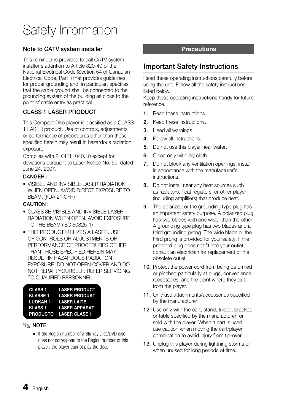 Precautions, Important safety instructions, Safety information | Samsung AK68-01859A User Manual | Page 4 / 69