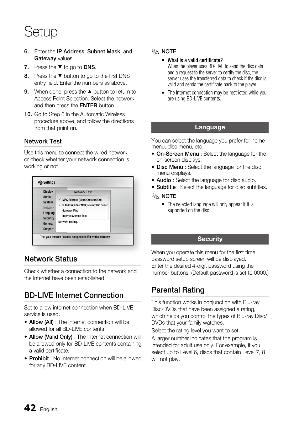 Network status, Bd-live internet connection, Language | Security, Parental rating, Setup | Samsung AK68-01859A User Manual | Page 42 / 69