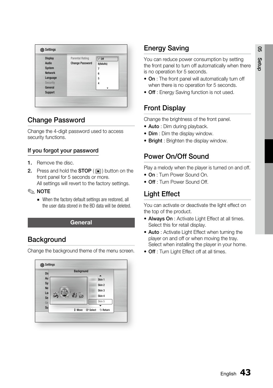 Change password, General, Background | Energy saving, Front display, Power on/off sound, Light effect | Samsung AK68-01859A User Manual | Page 43 / 69
