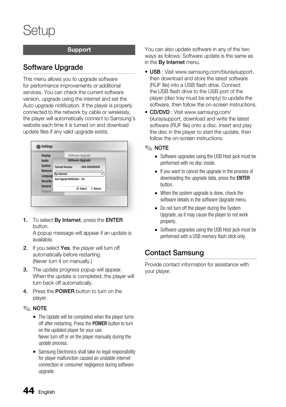 Support, Software upgrade, Contact samsung | Setup | Samsung AK68-01859A User Manual | Page 44 / 69