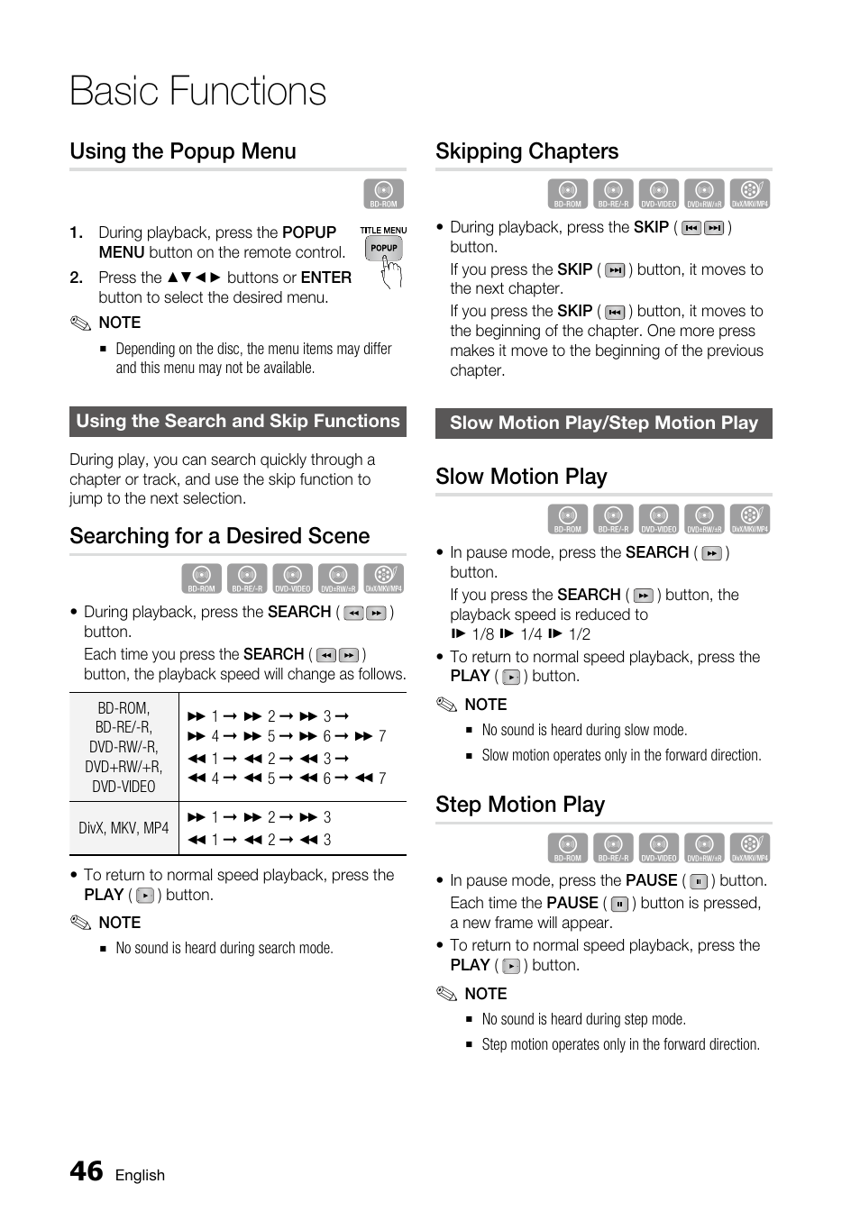 Using the popup menu, Using the search and skip functions, Searching for a desired scene | Skipping chapters, Slow motion play/step motion play, Slow motion play, Step motion play, Basic functions | Samsung AK68-01859A User Manual | Page 46 / 69