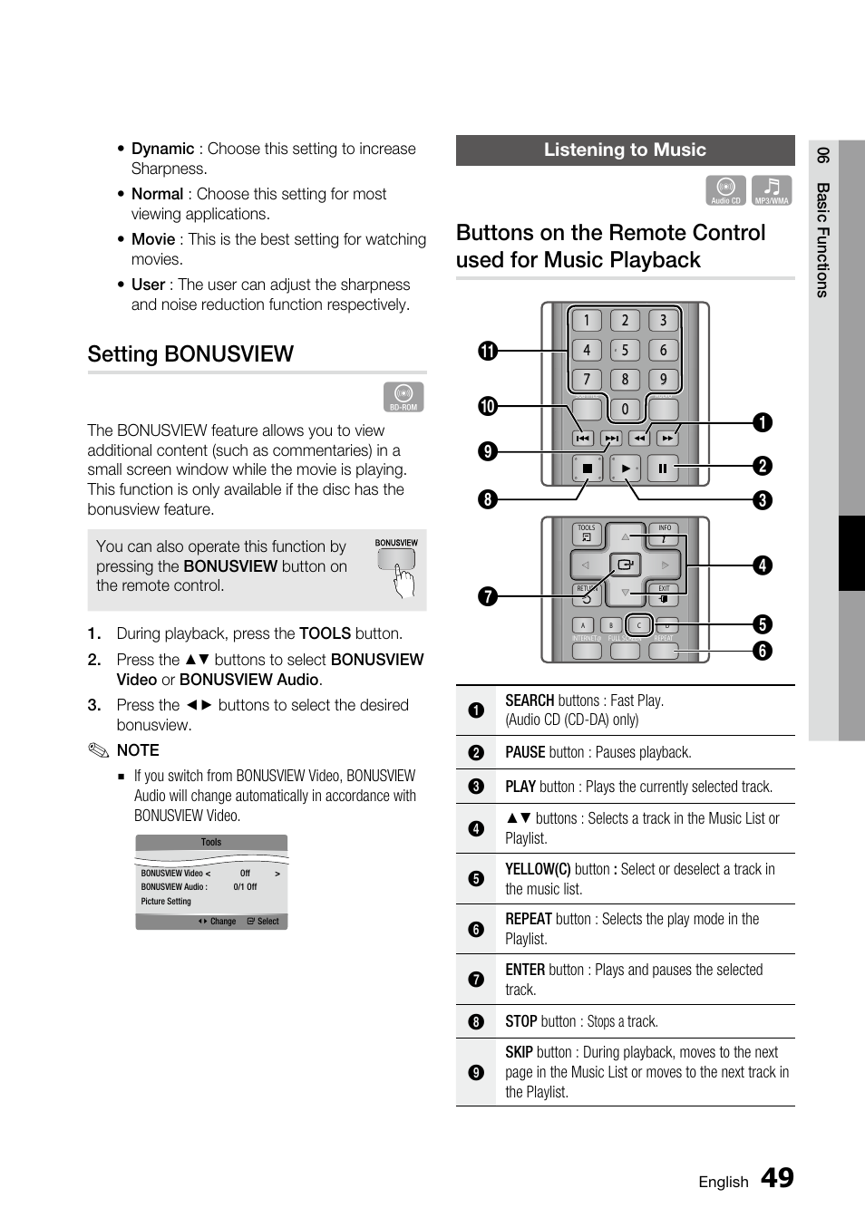 Setting bonusview, Listening to music | Samsung AK68-01859A User Manual | Page 49 / 69