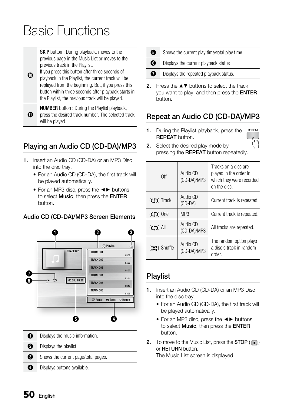Playing an audio cd (cd-da)/mp3, Repeat an audio cd (cd-da)/mp3, Playlist | Basic functions | Samsung AK68-01859A User Manual | Page 50 / 69