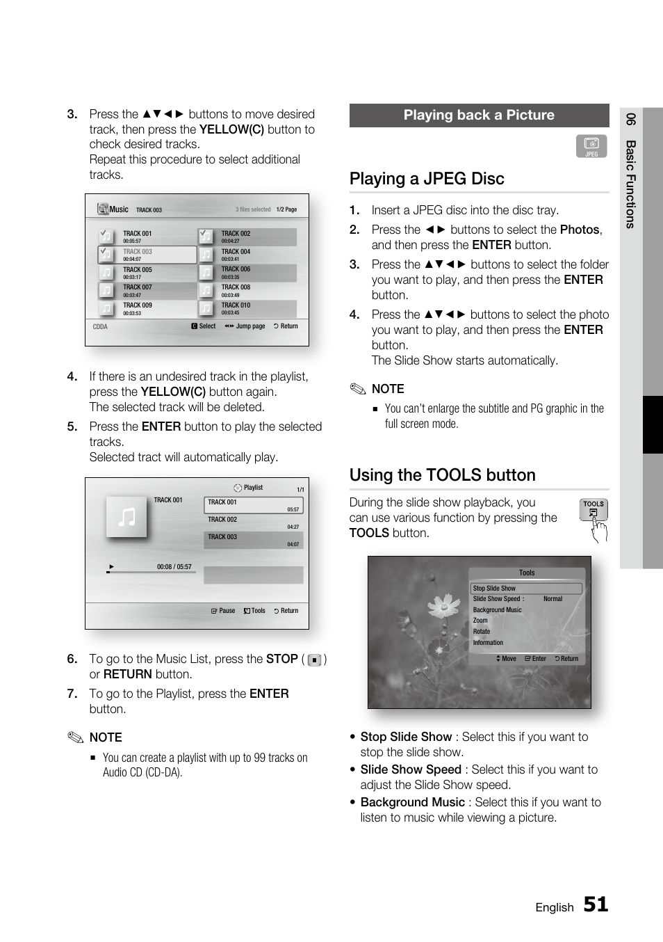 Playing back a picture, Playing a jpeg disc, Using the tools button | Samsung AK68-01859A User Manual | Page 51 / 69