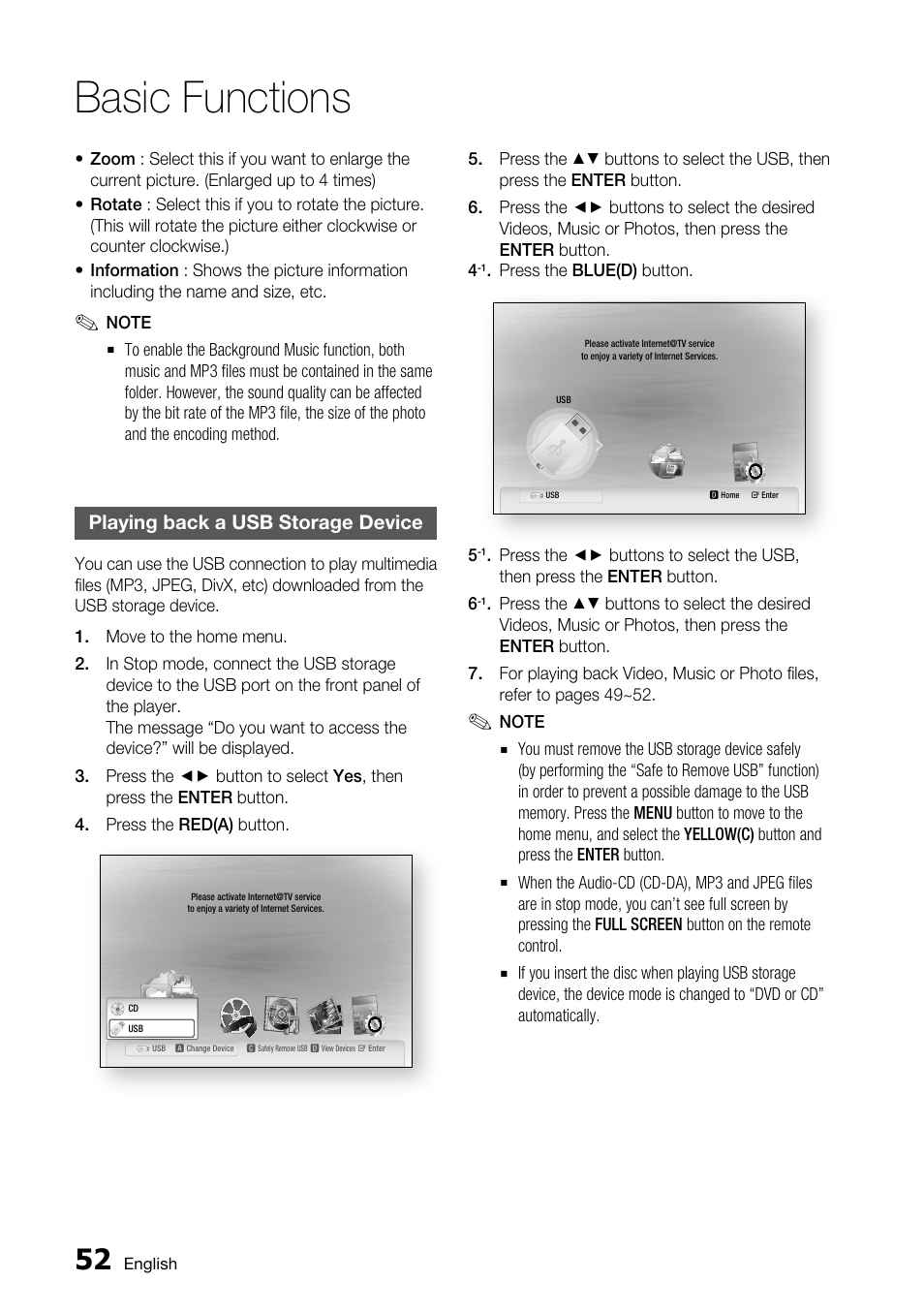 Playing back a usb storage device, Basic functions | Samsung AK68-01859A User Manual | Page 52 / 69