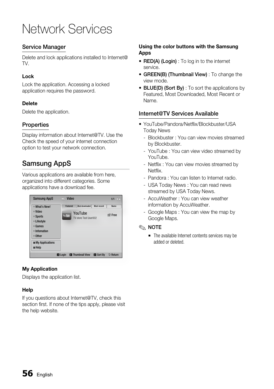 Samsung apps, Network services, Service manager | Properties, Internet@tv services available | Samsung AK68-01859A User Manual | Page 56 / 69
