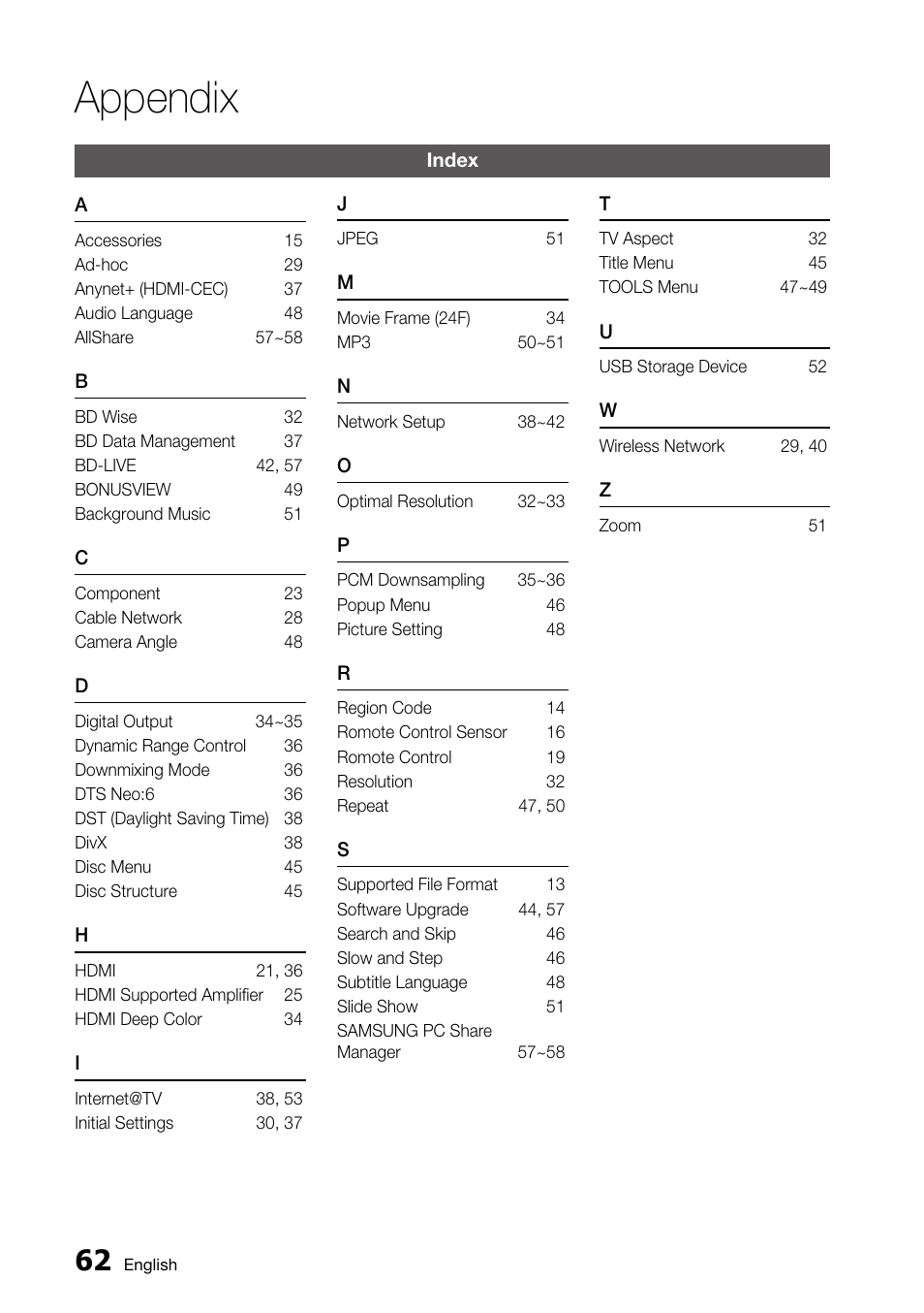 Index, Appendix | Samsung AK68-01859A User Manual | Page 62 / 69