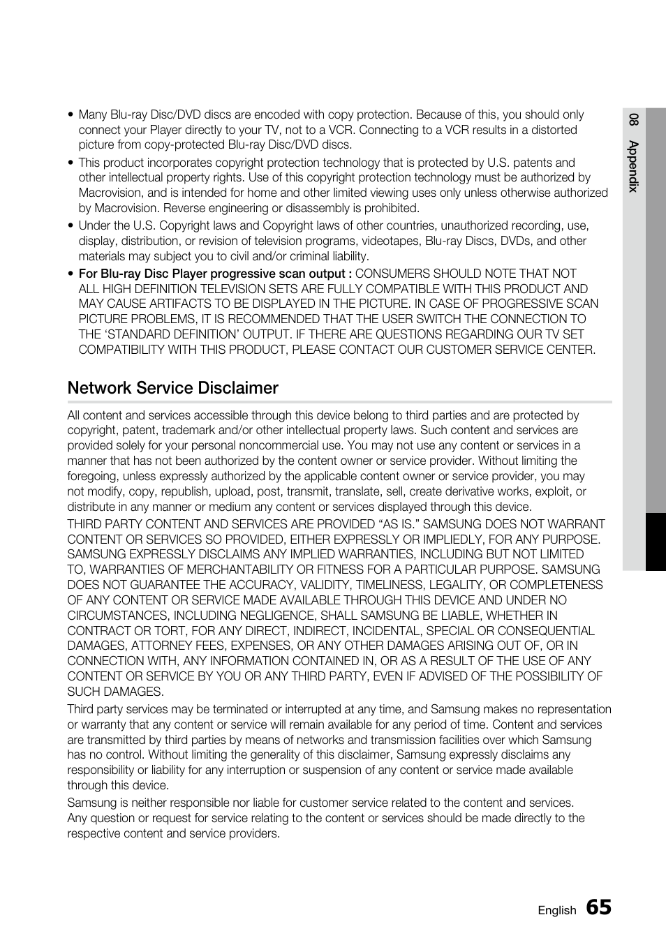 Network service disclaimer | Samsung AK68-01859A User Manual | Page 65 / 69