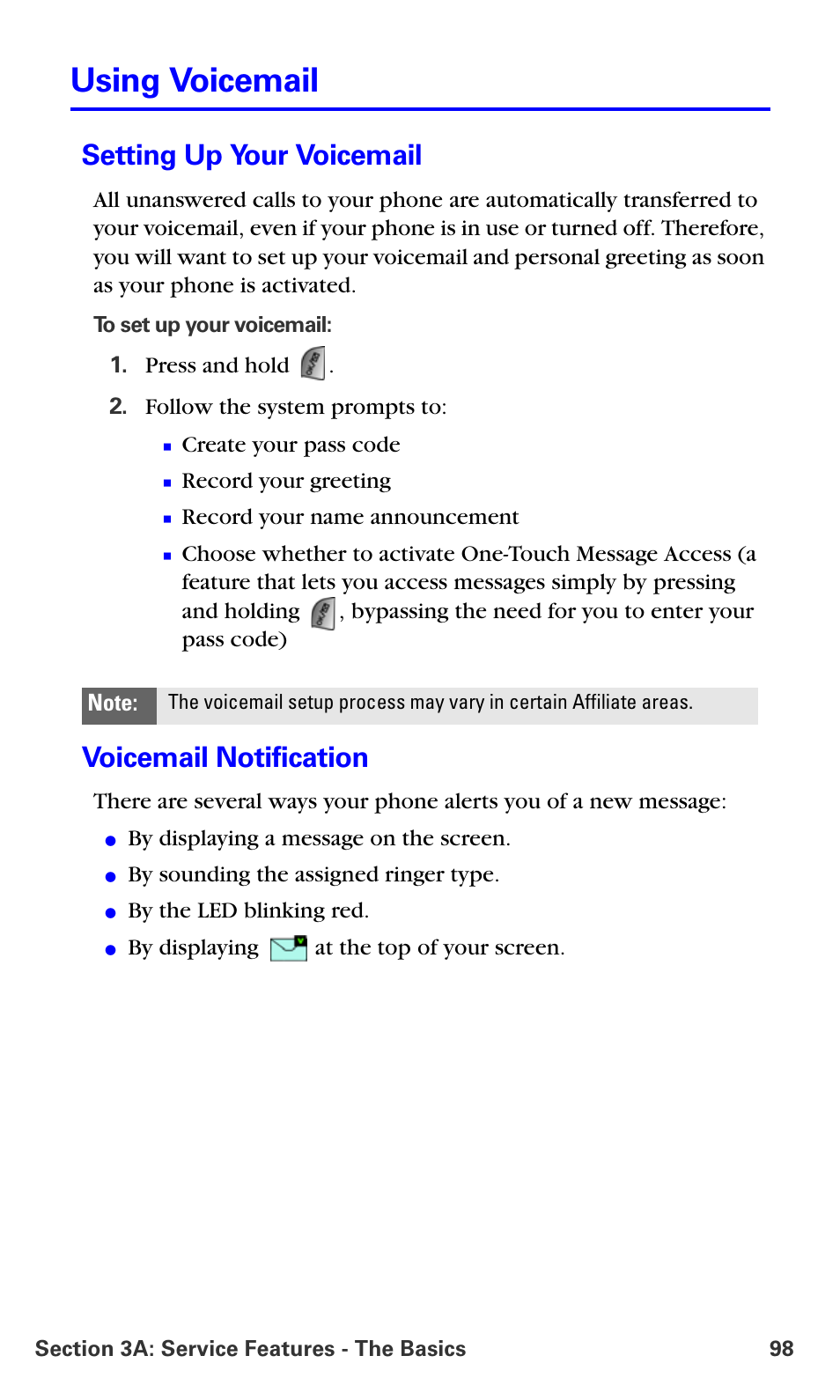 Using voicemail, Setting up your voicemail, Voicemail notification | Samsung A660 User Manual | Page 105 / 158