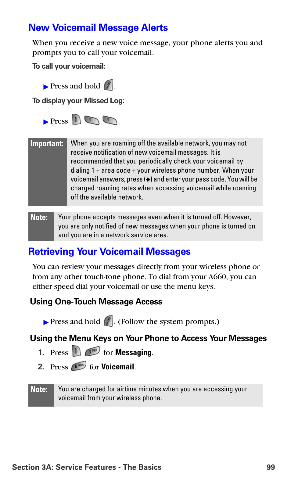 New voicemail message alerts, Retrieving your voicemail messages | Samsung A660 User Manual | Page 106 / 158