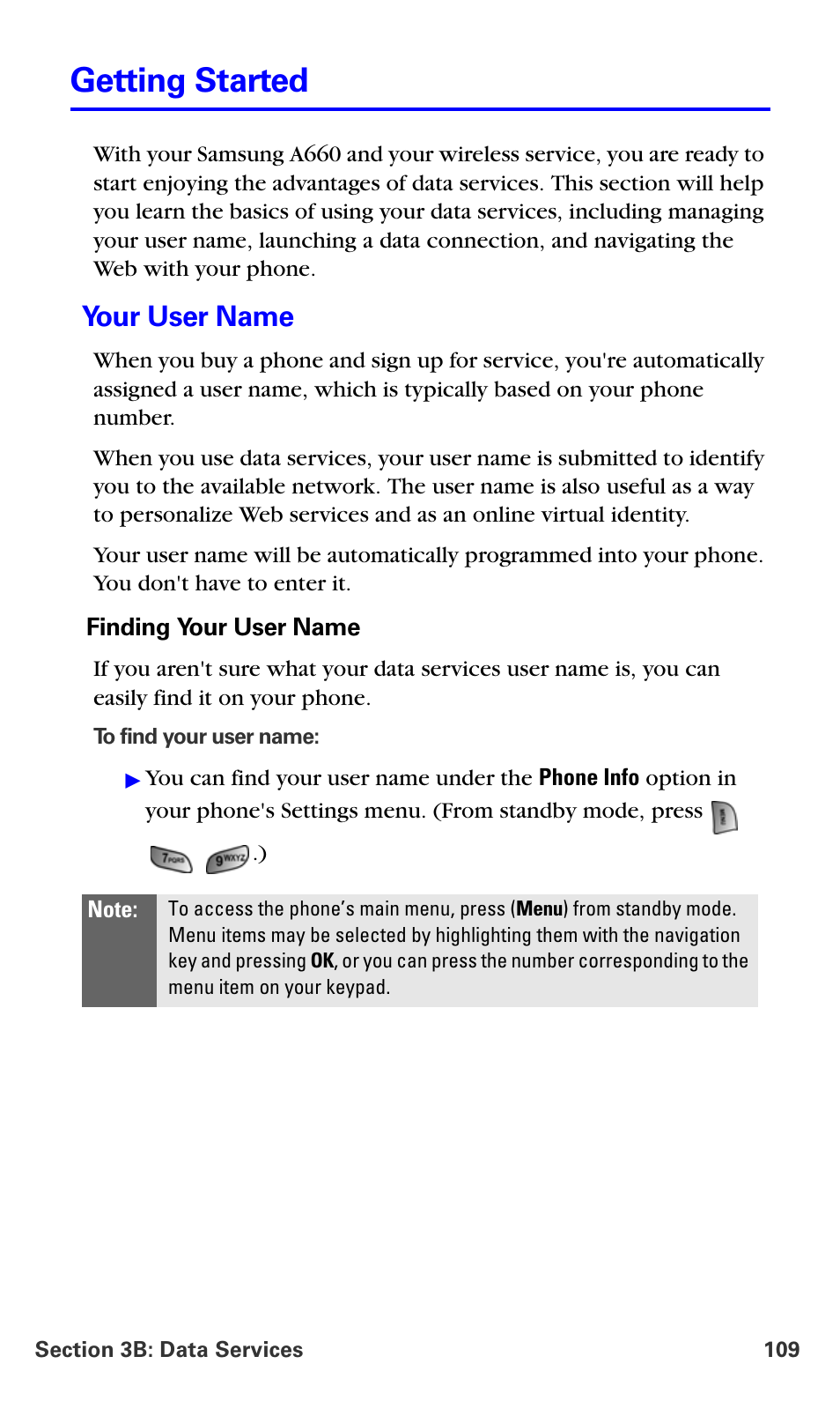 Getting started, Your user name | Samsung A660 User Manual | Page 116 / 158