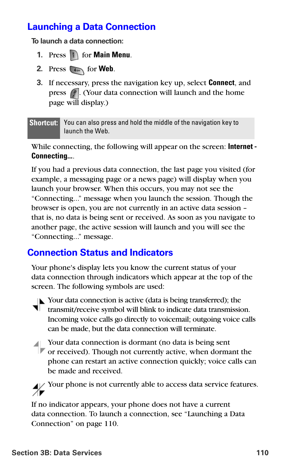 Launching a data connection, Connection status and indicators | Samsung A660 User Manual | Page 117 / 158