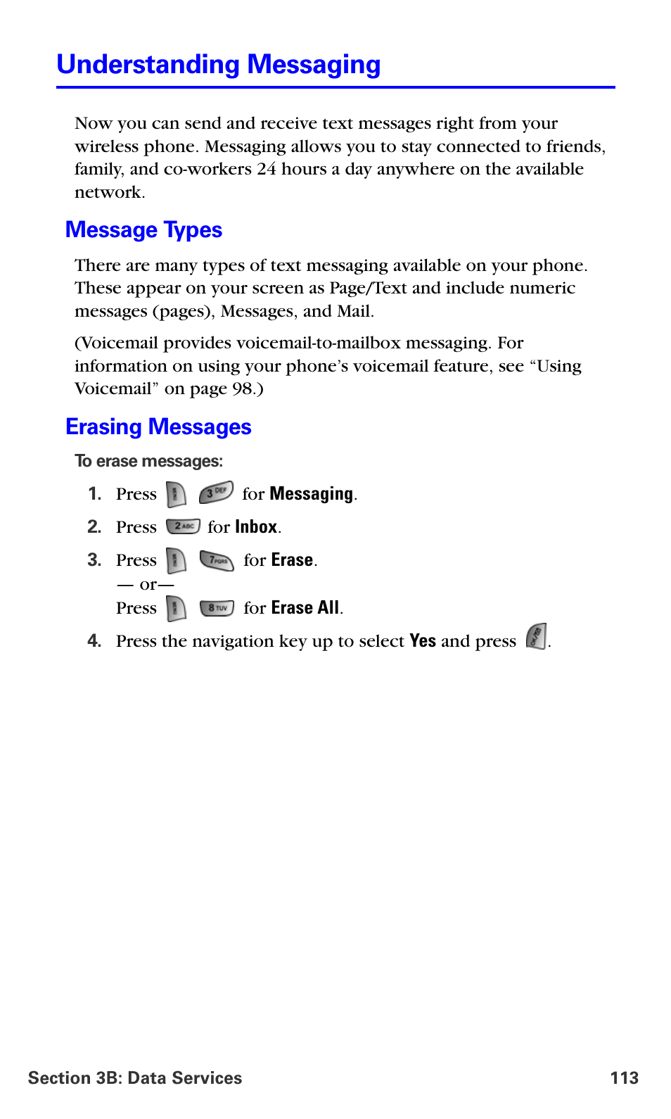 Understanding messaging, Message types, Erasing messages | Samsung A660 User Manual | Page 120 / 158