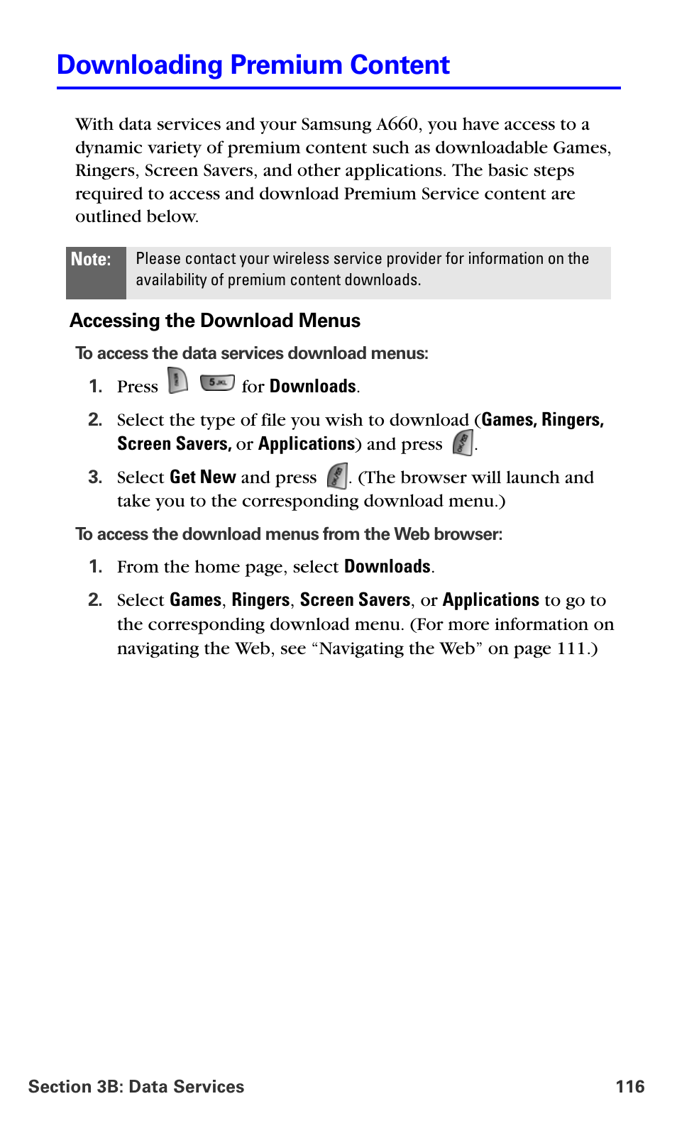 Downloading premium content | Samsung A660 User Manual | Page 123 / 158