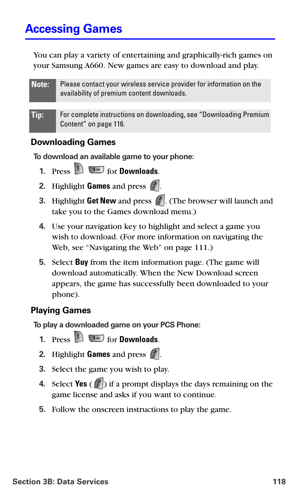 Accessing games | Samsung A660 User Manual | Page 125 / 158