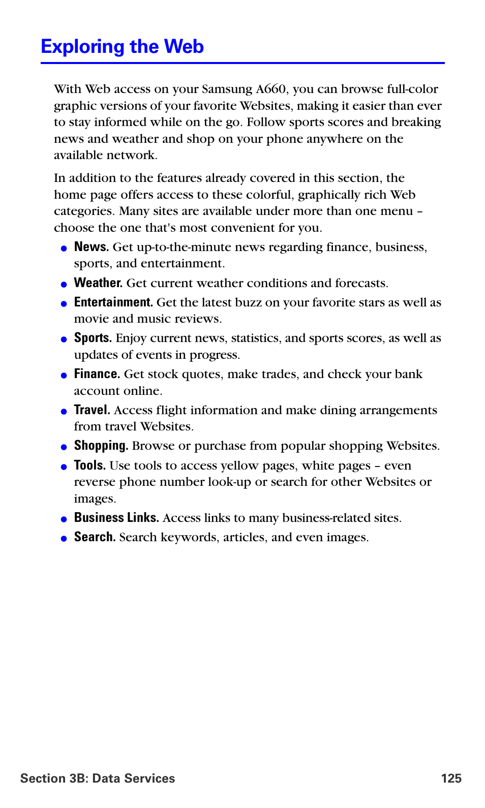 Exploring the web, Search. search keywords, articles, and even images | Samsung A660 User Manual | Page 132 / 158