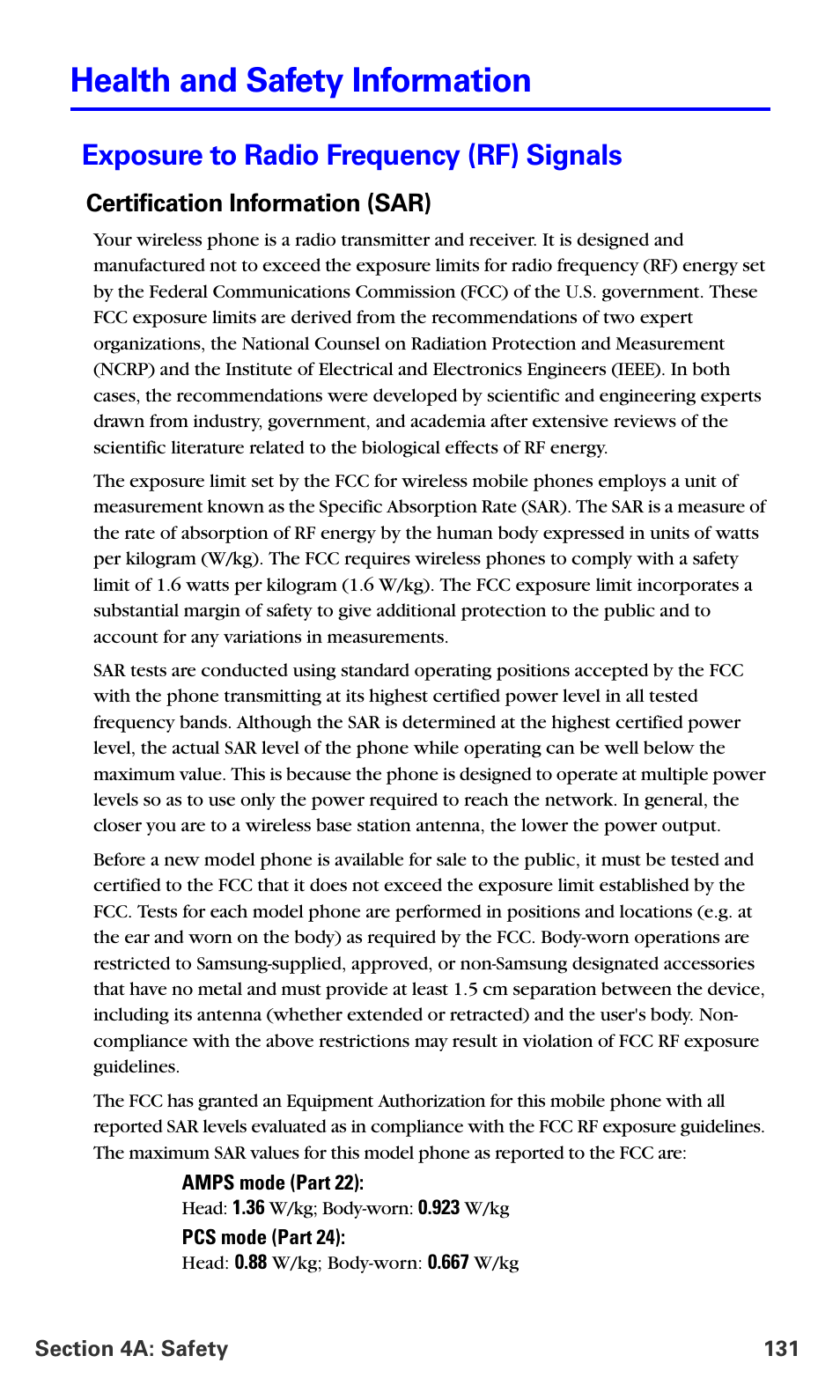 Health and safety information, Exposure to radio frequency (rf) signals, Certification information (sar) | Samsung A660 User Manual | Page 138 / 158