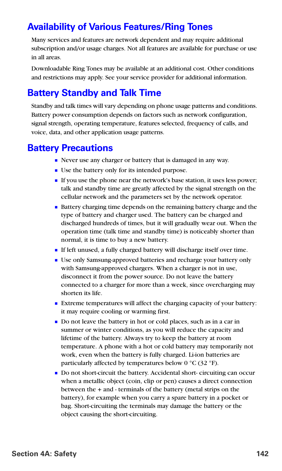 Availability of various features/ring tones, Battery standby and talk time, Battery precautions | Samsung A660 User Manual | Page 149 / 158