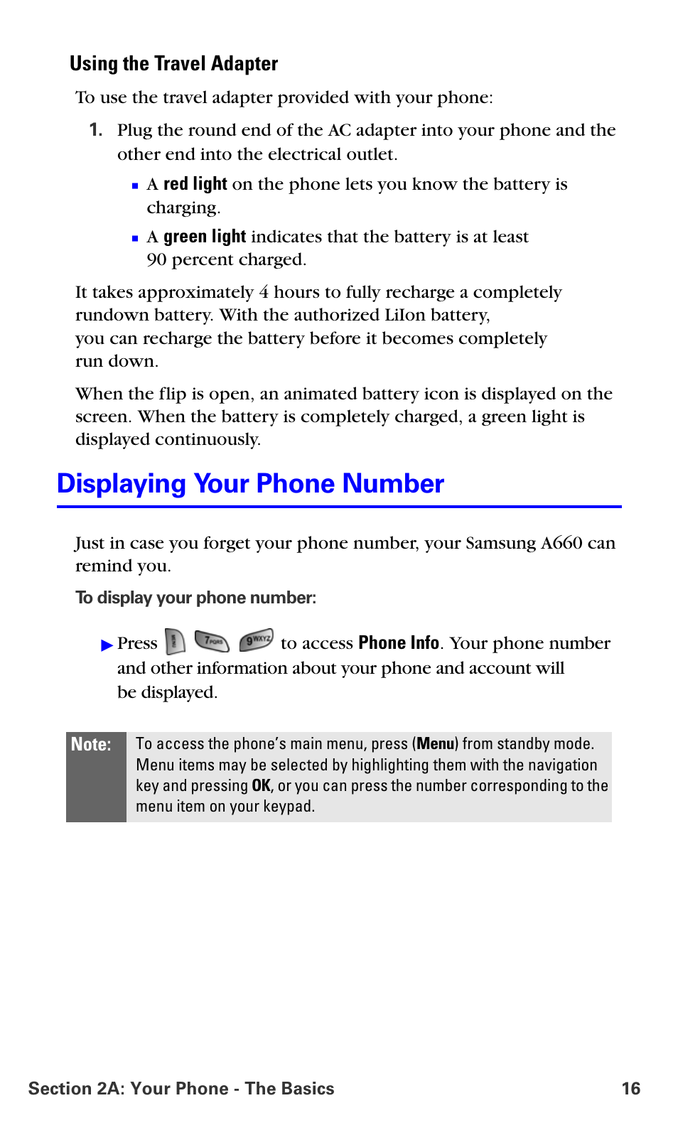 Displaying your phone number, Using the travel adapter | Samsung A660 User Manual | Page 23 / 158