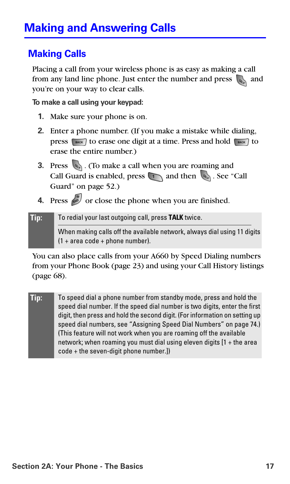 Making and answering calls, Making calls | Samsung A660 User Manual | Page 24 / 158
