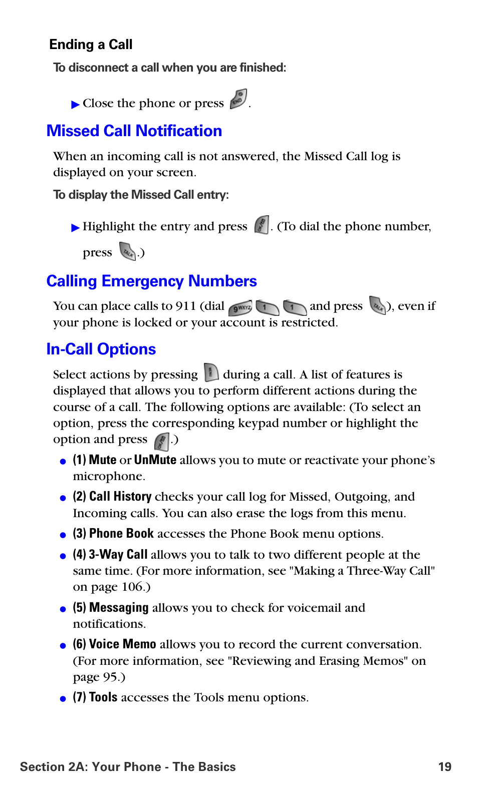 Missed call notification, Calling emergency numbers, In-call options | Samsung A660 User Manual | Page 26 / 158