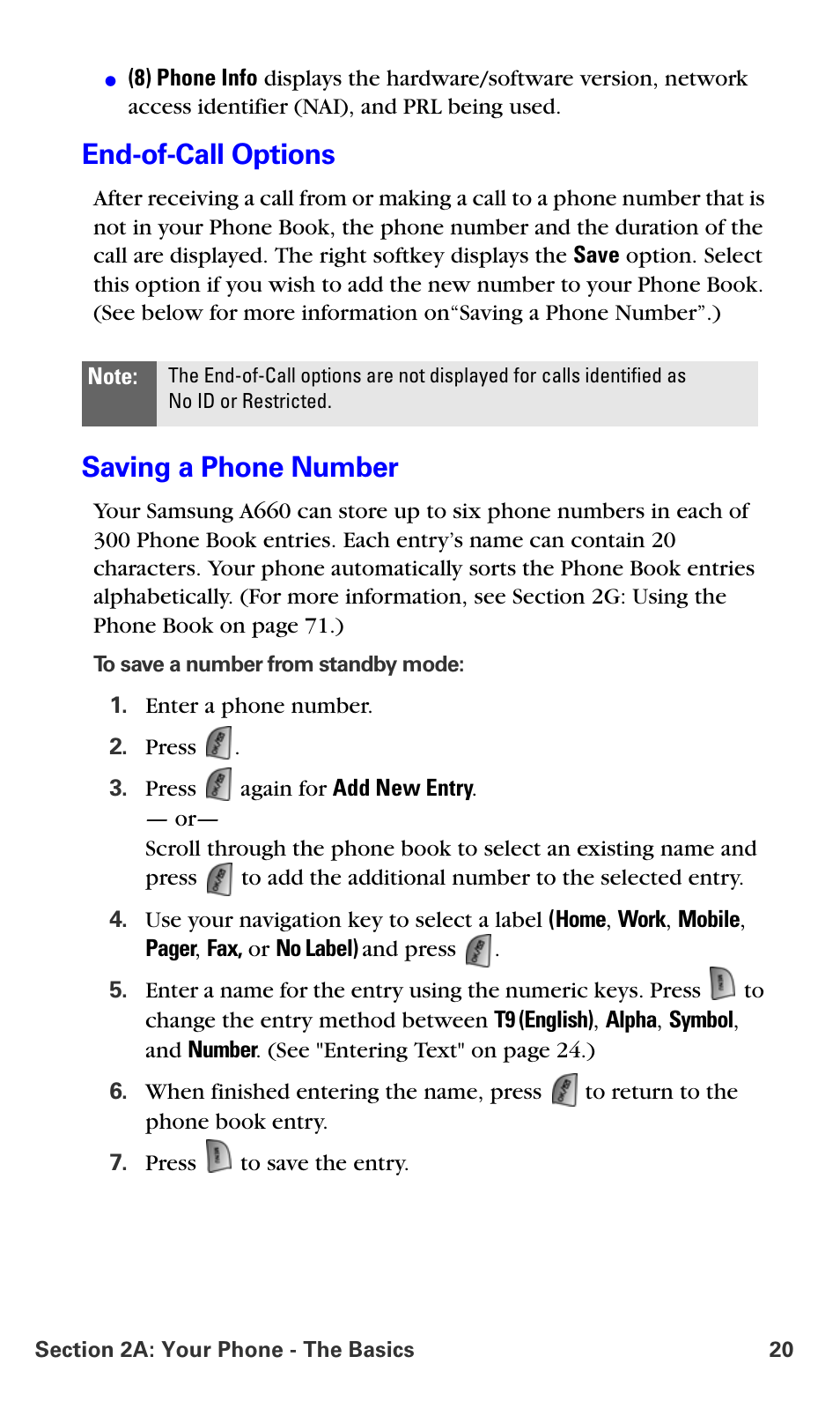 End-of-call options, Saving a phone number | Samsung A660 User Manual | Page 27 / 158