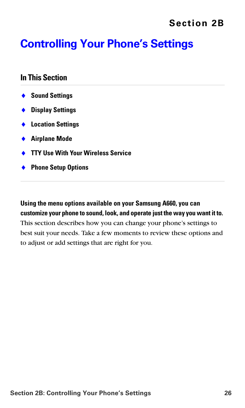Controlling your phone’s settings, 2b.controlling your phone’s settings | Samsung A660 User Manual | Page 33 / 158