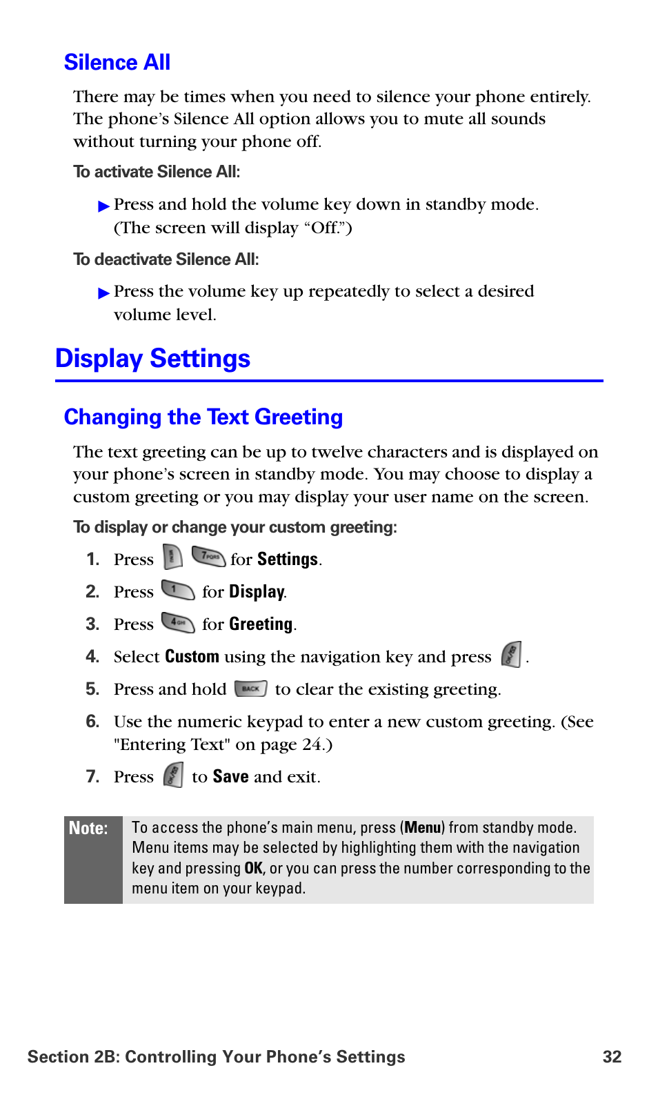 Silence all, Display settings, Changing the text greeting | Samsung A660 User Manual | Page 39 / 158
