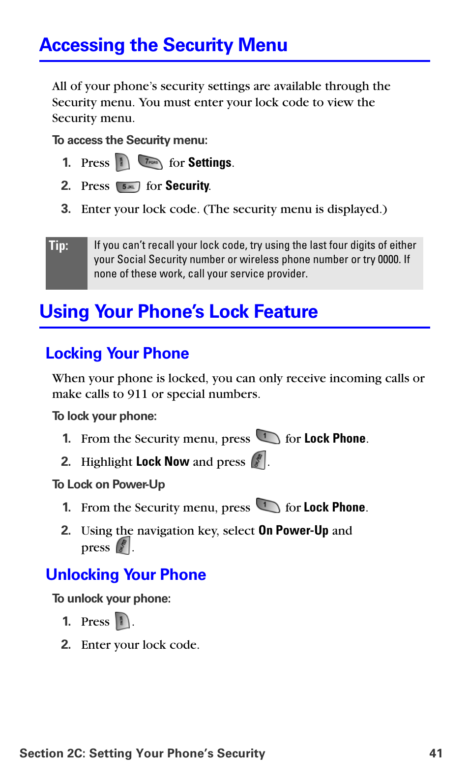 Accessing the security menu, Using your phone’s lock feature, Locking your phone | Unlocking your phone | Samsung A660 User Manual | Page 48 / 158