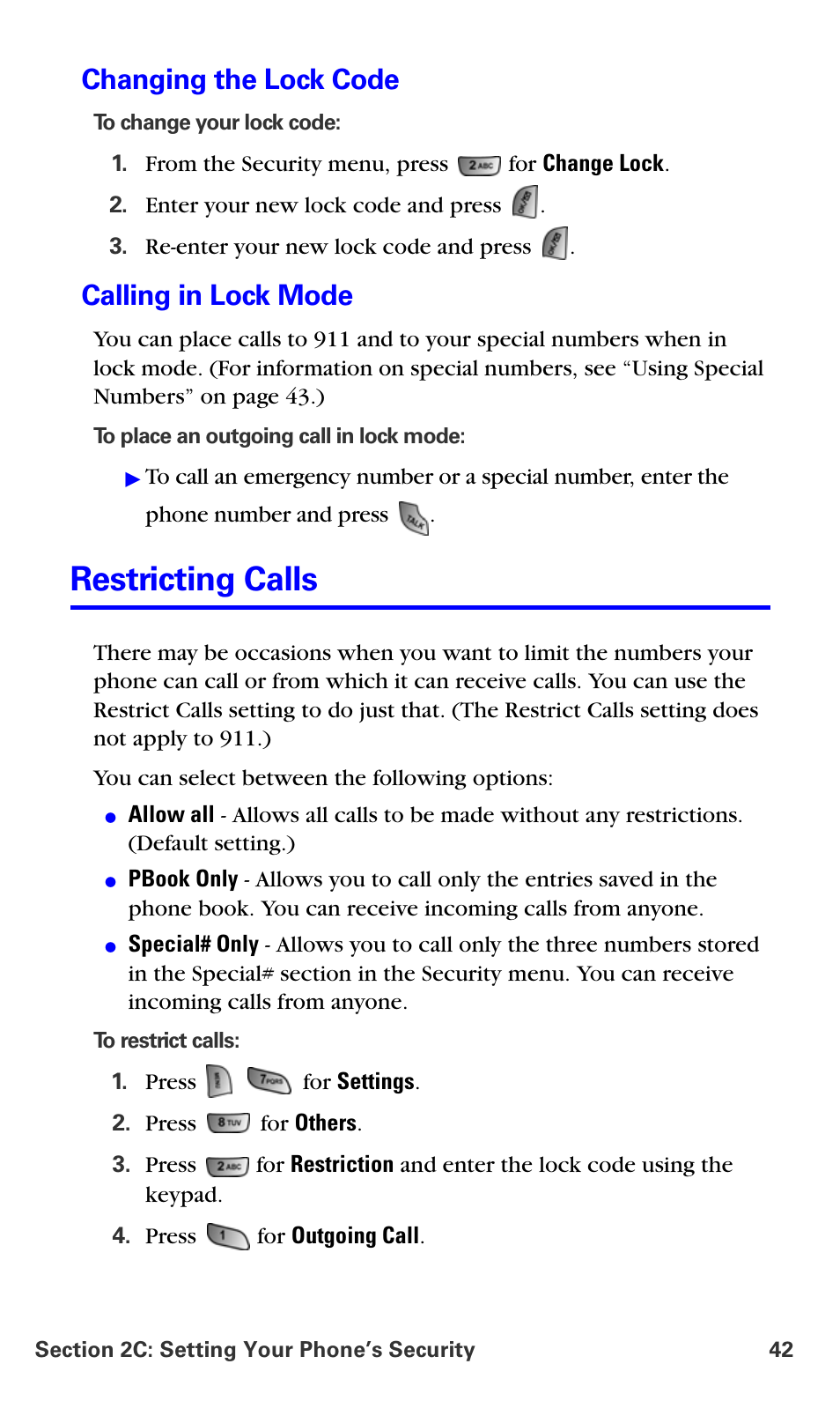 Changing the lock code, Calling in lock mode, Restricting calls | Samsung A660 User Manual | Page 49 / 158