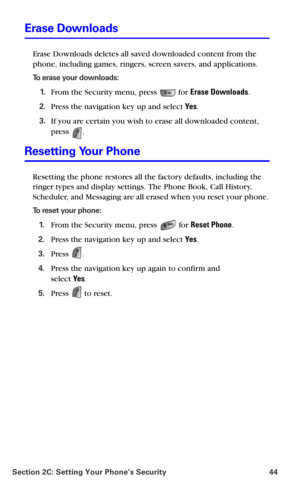 Erase downloads, Resetting your phone | Samsung A660 User Manual | Page 51 / 158