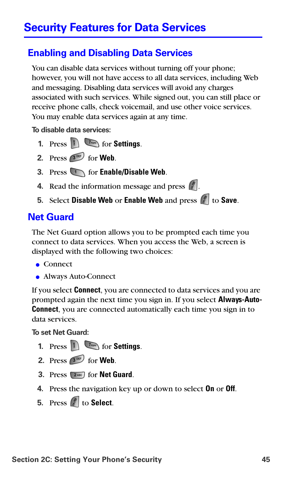 Security features for data services, Enabling and disabling data services, Net guard | Samsung A660 User Manual | Page 52 / 158