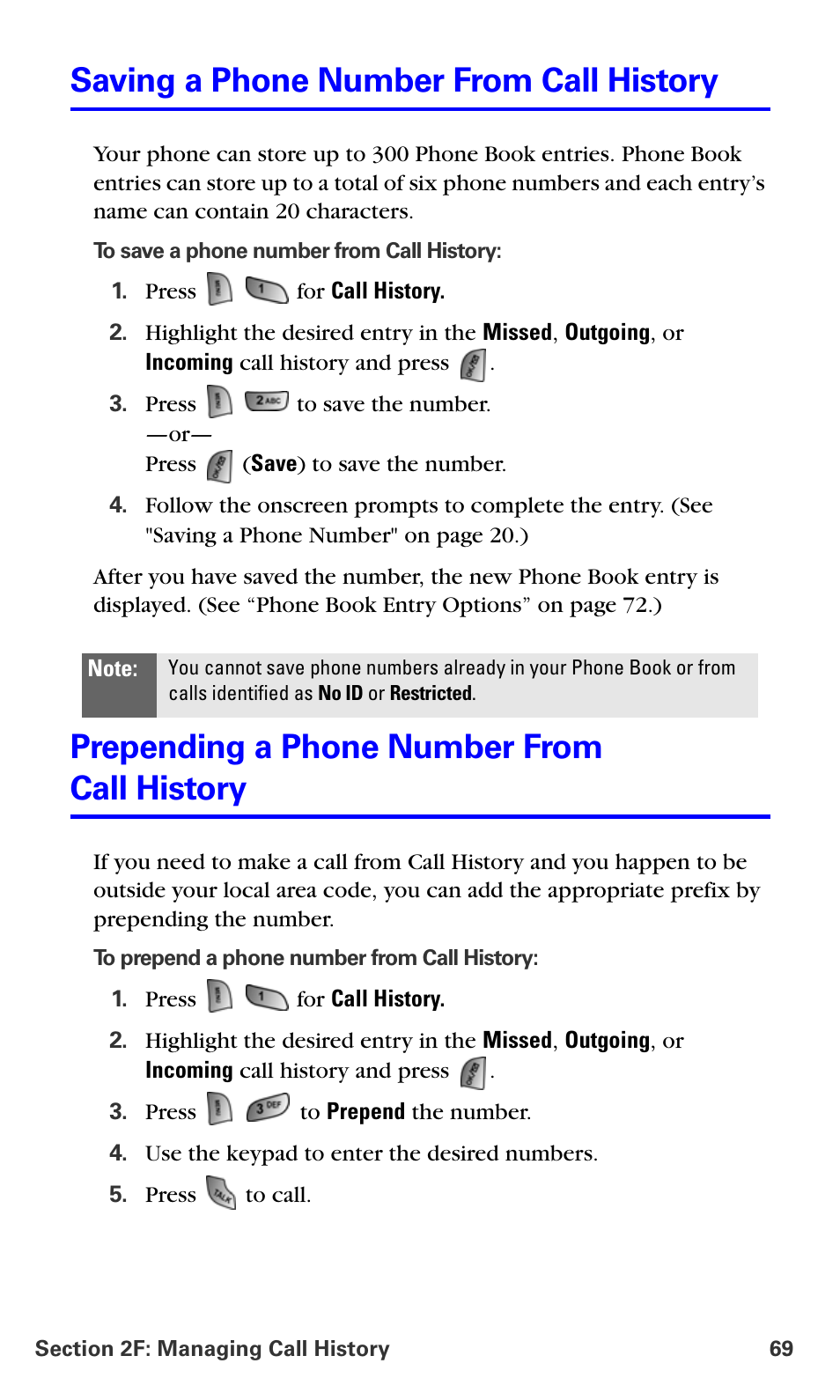 Saving a phone number from call history, Prepending a phone number from call history | Samsung A660 User Manual | Page 76 / 158